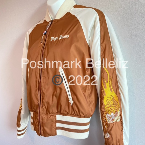 ‘90s Vintage Pepe Jeans Tiger Dragon Embroidered Bomber Jacket Copper Golden Tan - Picture 6 of 12